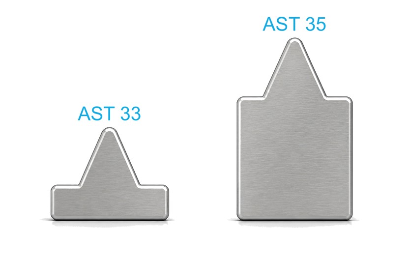 AST Series triangle-tip wedge wire support rod cross-sections — AST 33 and AST 35 — stainless steel structural rods with wide contact surface